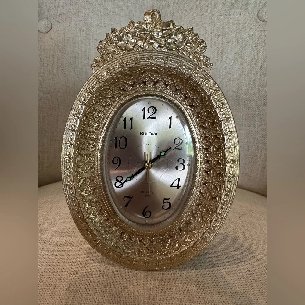 VTG Bulova Gold Quartz Floral Freestand Dresser Alarm Clock 4RE708 Japan Works